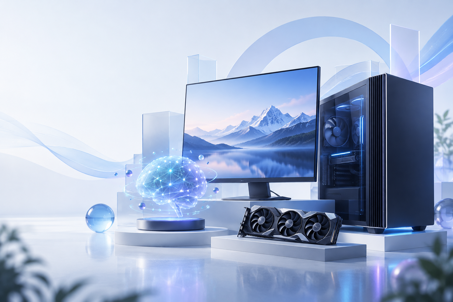 デスクトップPC、GPU、ローカルAIを表現したイラスト